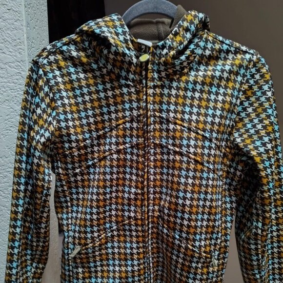 Burton Hoodie, fleece lined Full zip jacket, Brown & blue houndstooth, Size Med - Picture 2 of 11